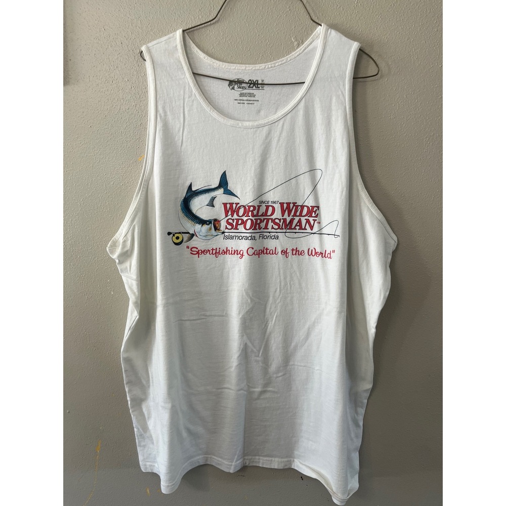 BASS PRO SHOPS Tank Top Fishing Graphic Men 2XL White World Wide Sportsman